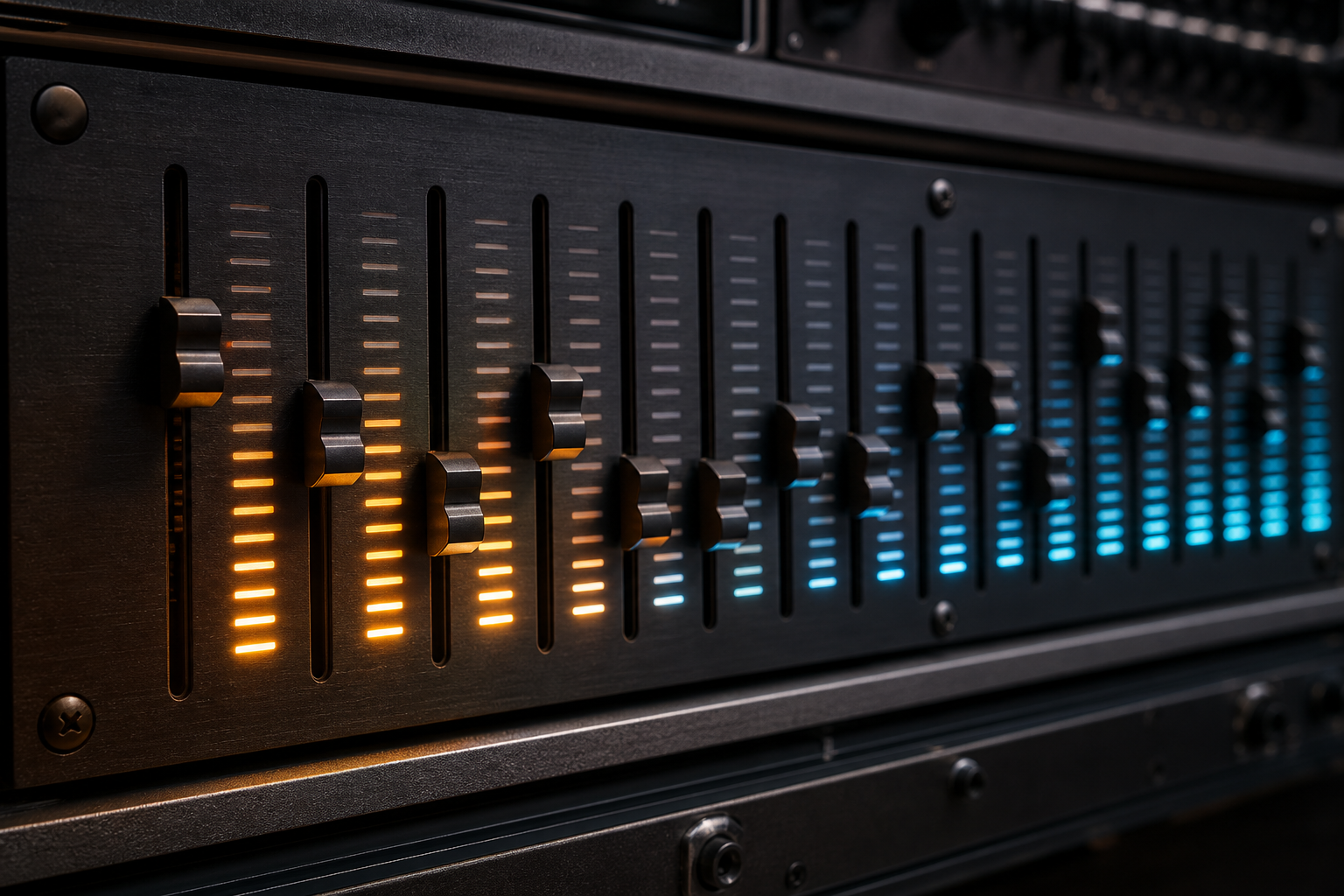 Rack di equalizzatori hardware con fader per sonorizzazione eventi dal vivo