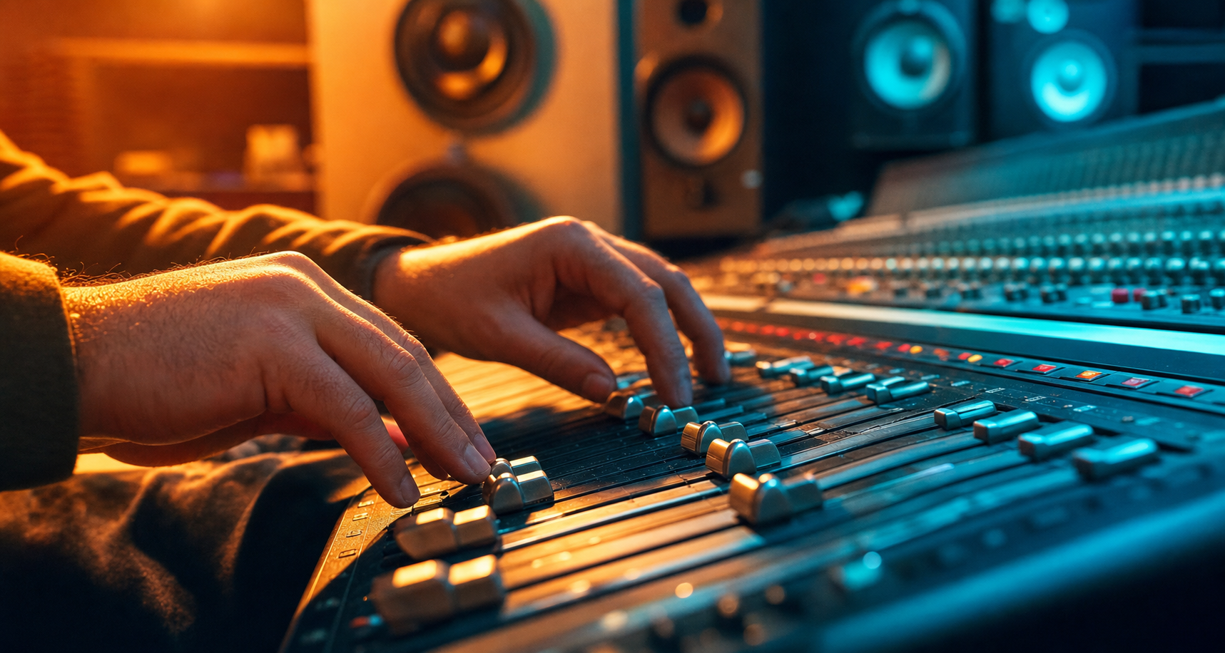 Ingegnere del suono al banco di mixaggio con fader e monitor da studio